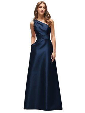 Alfred Sung One Shoulder A Line Satin Gown Navy Size 8 New With Tags